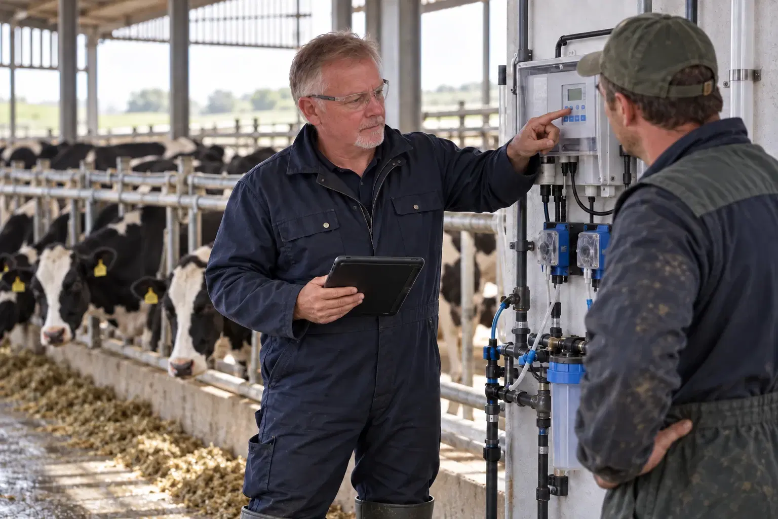 Farm water adviser and farmer beside healthy dairy cattle