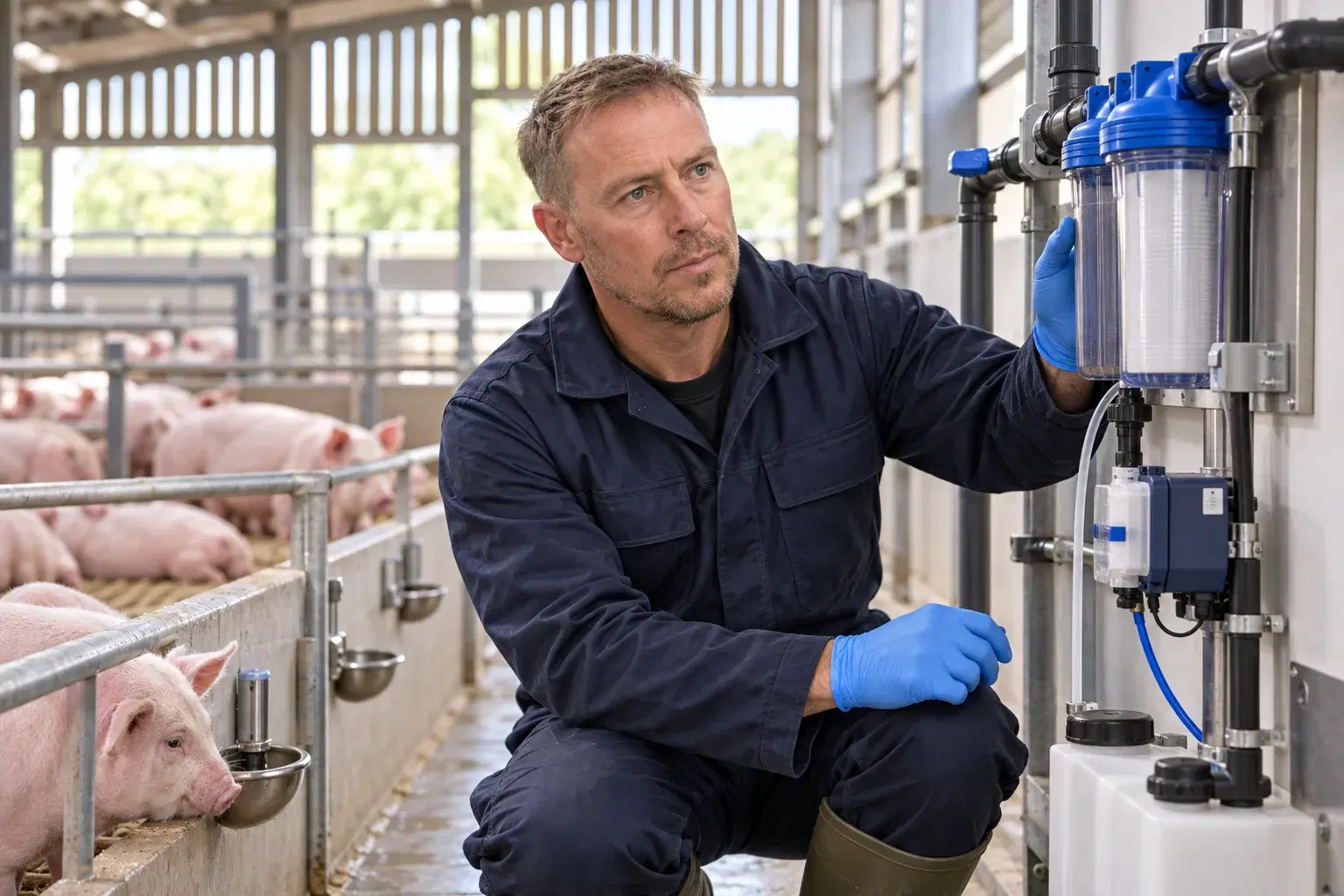 Technician checking a drinking-water system beside pig pens
