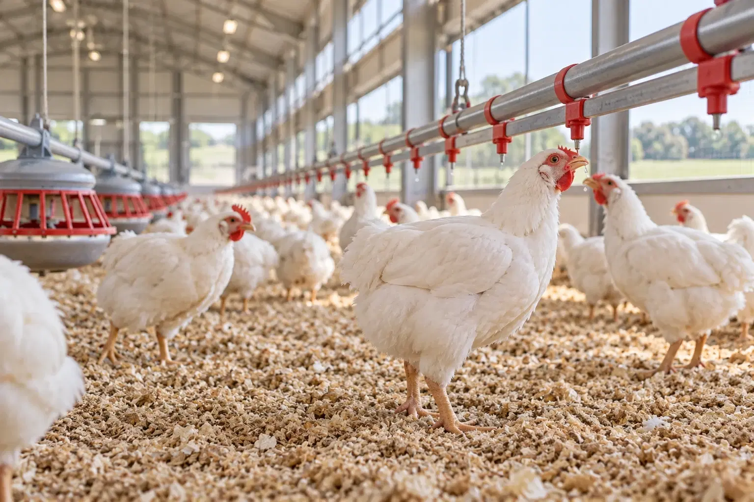 White chickens drinking from a nipple drinking line in a bright poultry barn