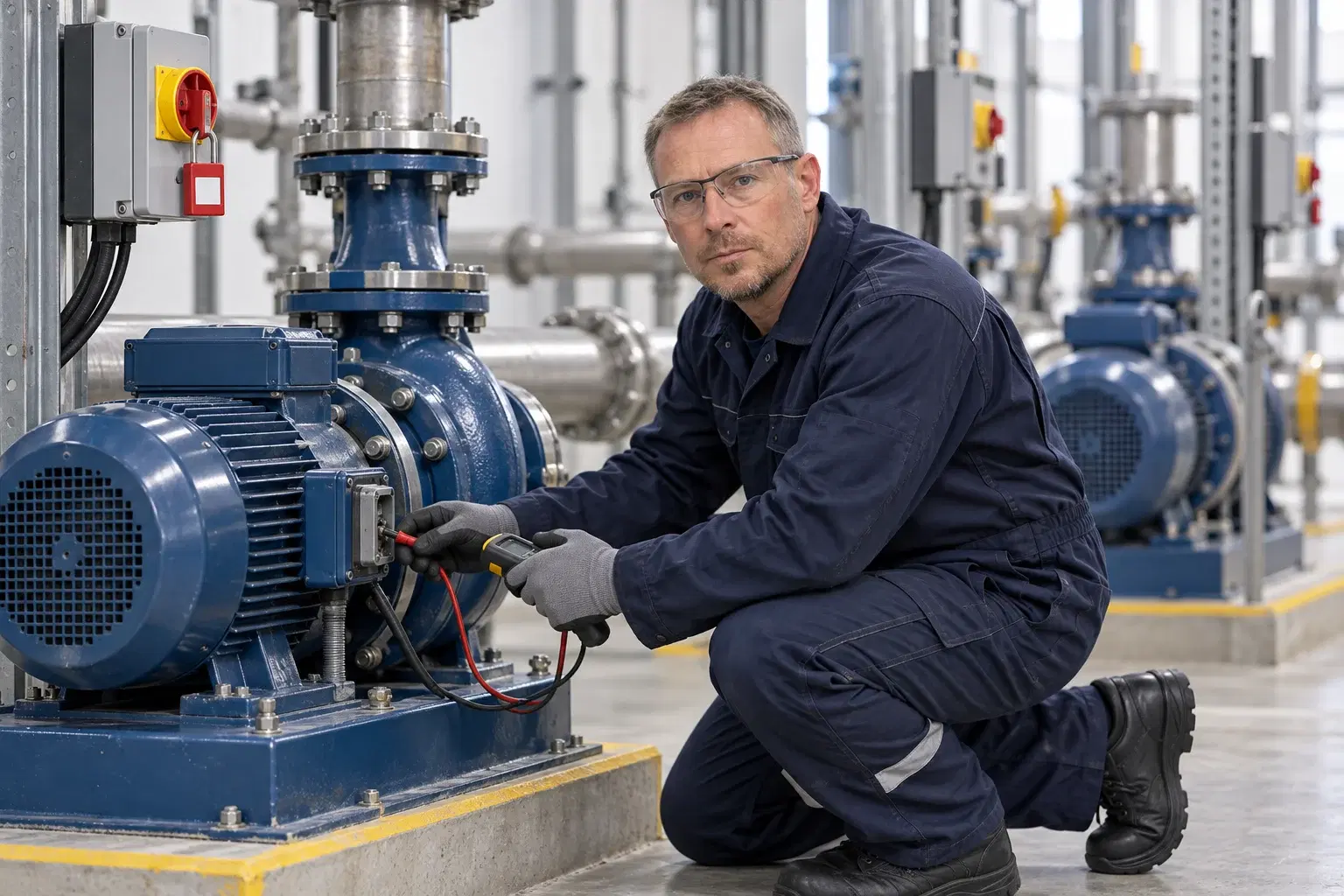 Engineer diagnosing an isolated motor and pump assembly