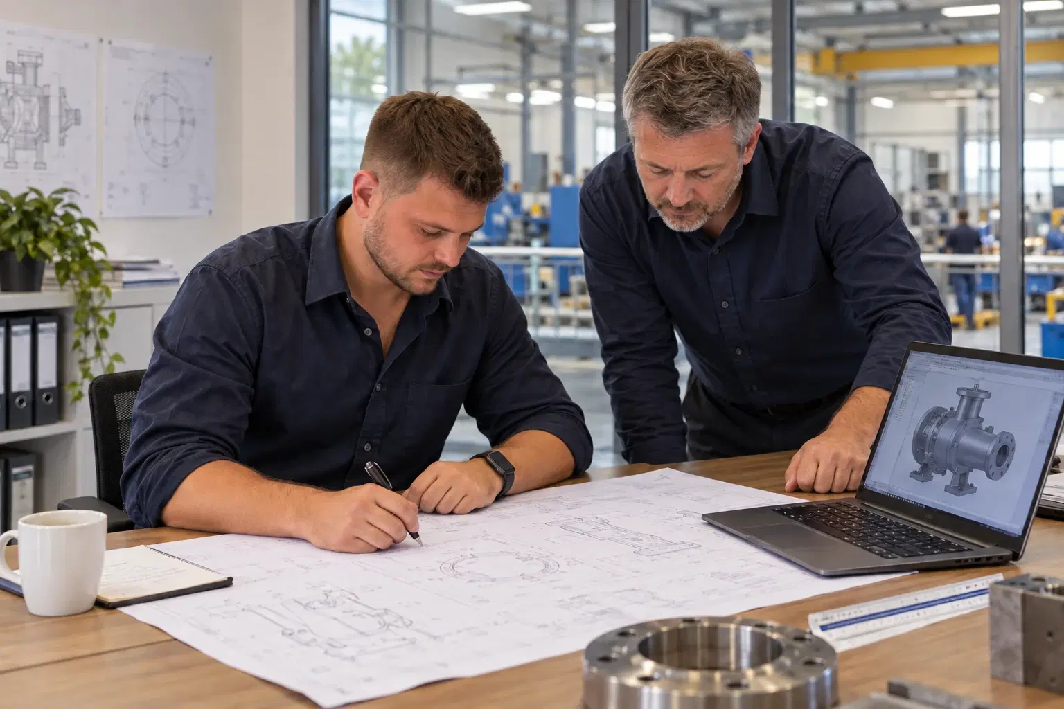 Two engineers studying and annotating a project drawing in a workshop office
