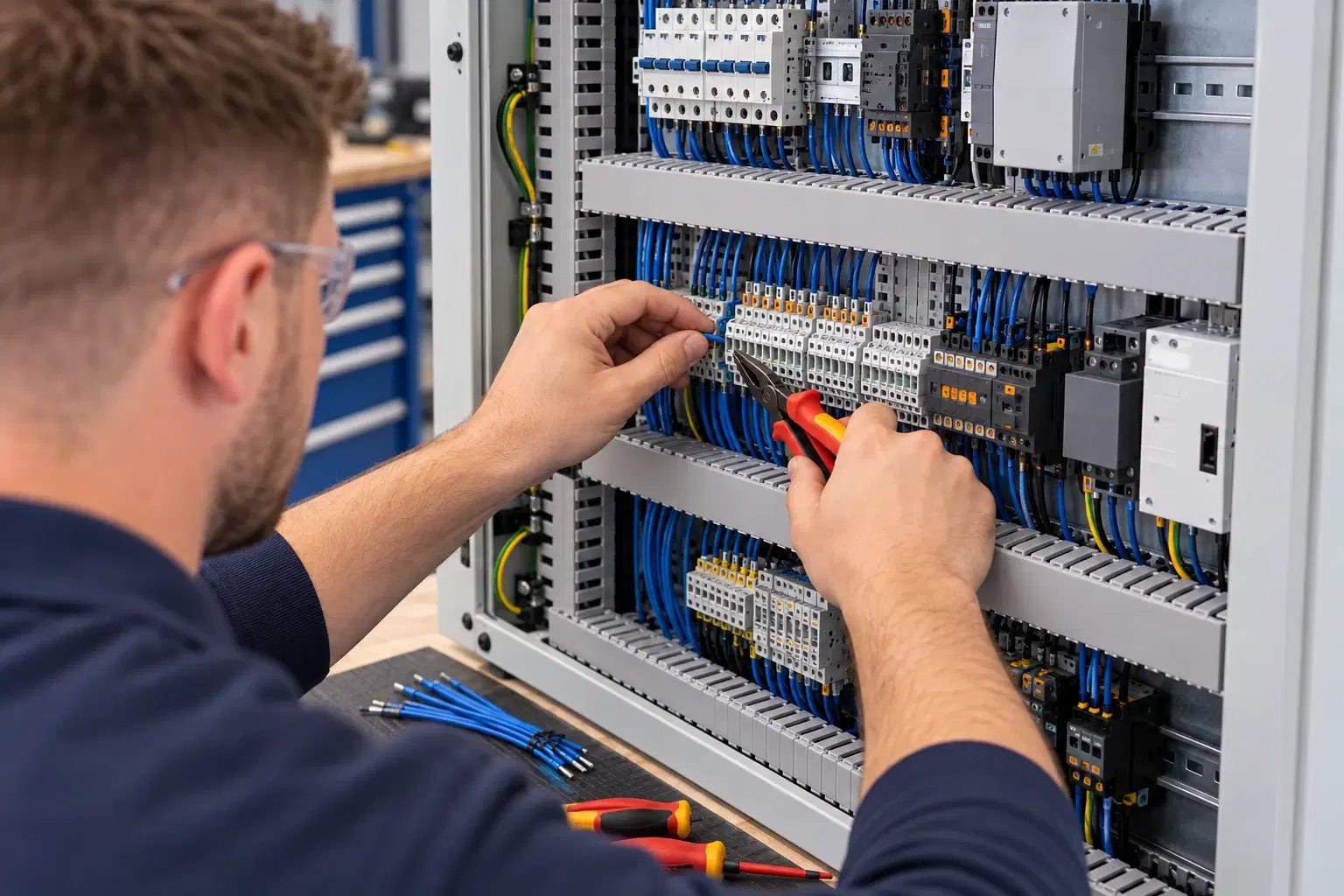 Over-the-shoulder view of an engineer dressing disconnected control-panel wiring