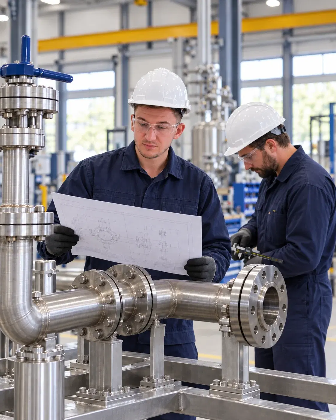 Engineers inspecting a stainless steel pipe assembly in a clean workshop