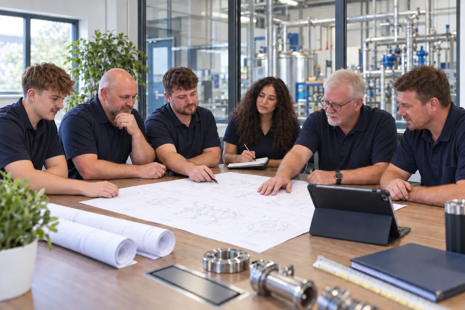 Team discussing project drawings in a workshop meeting area