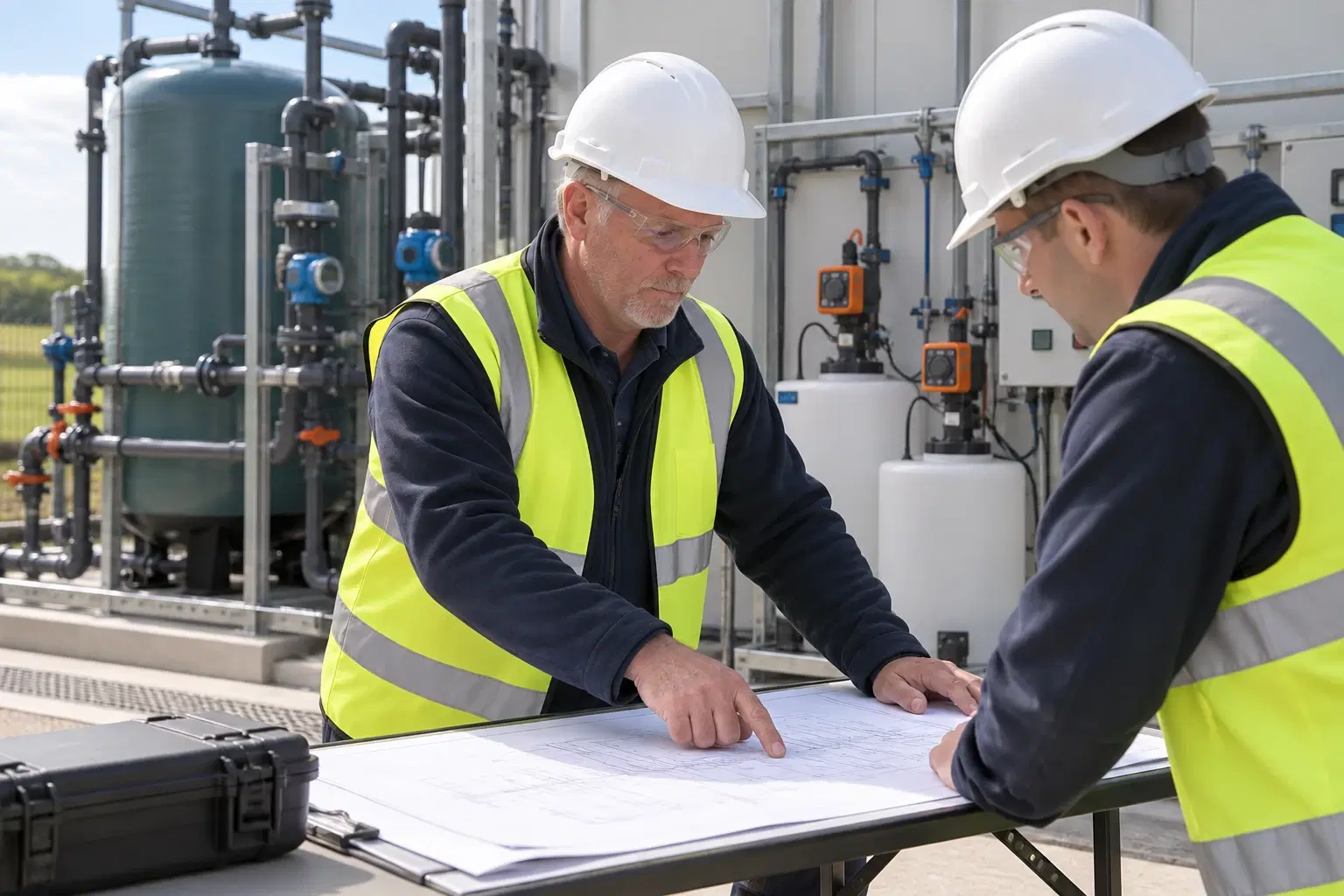 Engineer and client reviewing process drawings beside treatment equipment