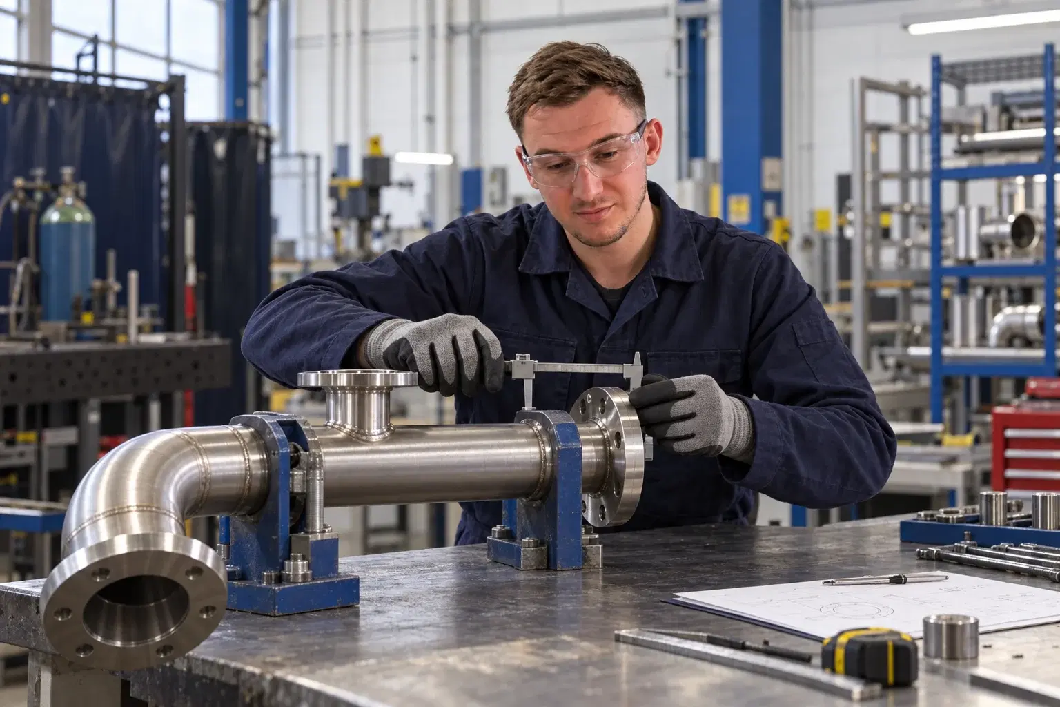 Engineer measuring a secured stainless steel pipe assembly