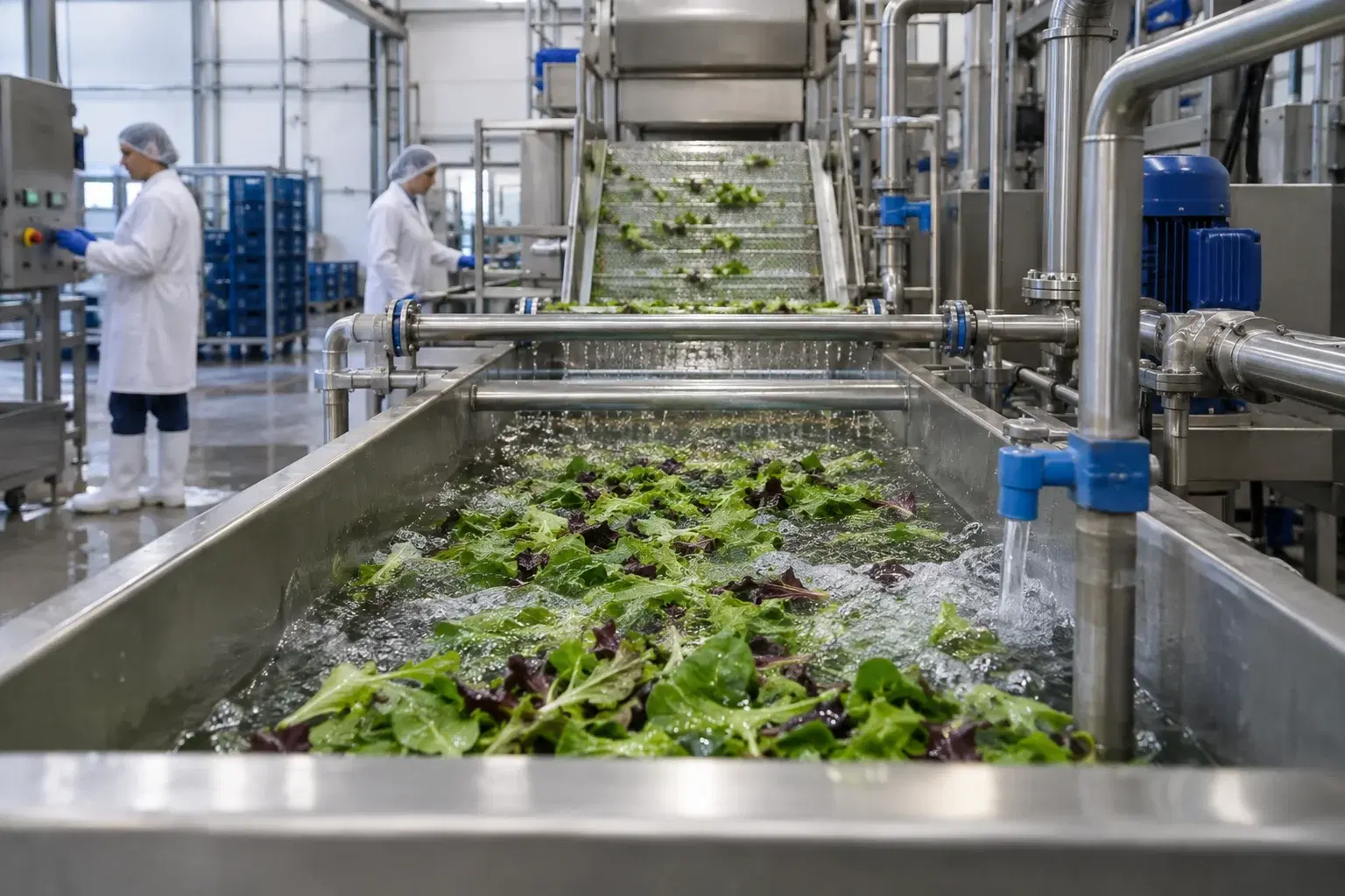 Salad leaves passing through an industrial washing flume