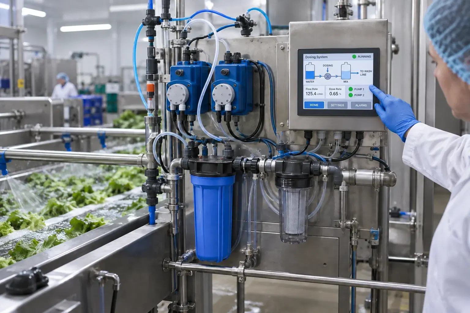 Dosing manifold and control screen beside a produce washing line