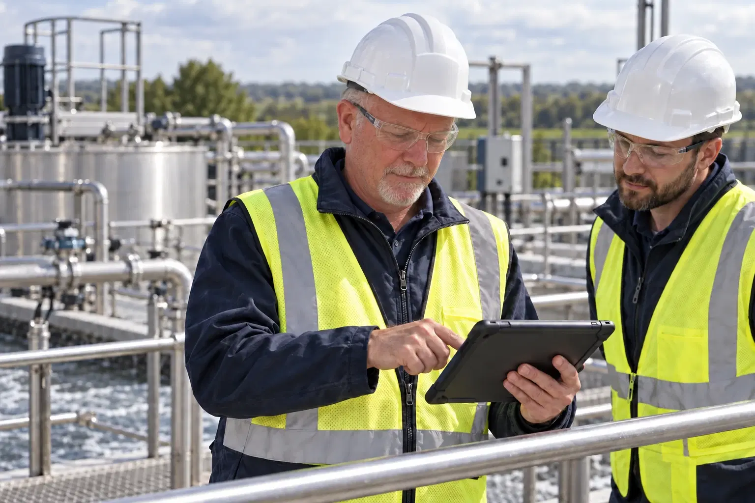 Engineers reviewing a water treatment installation from a guarded walkway