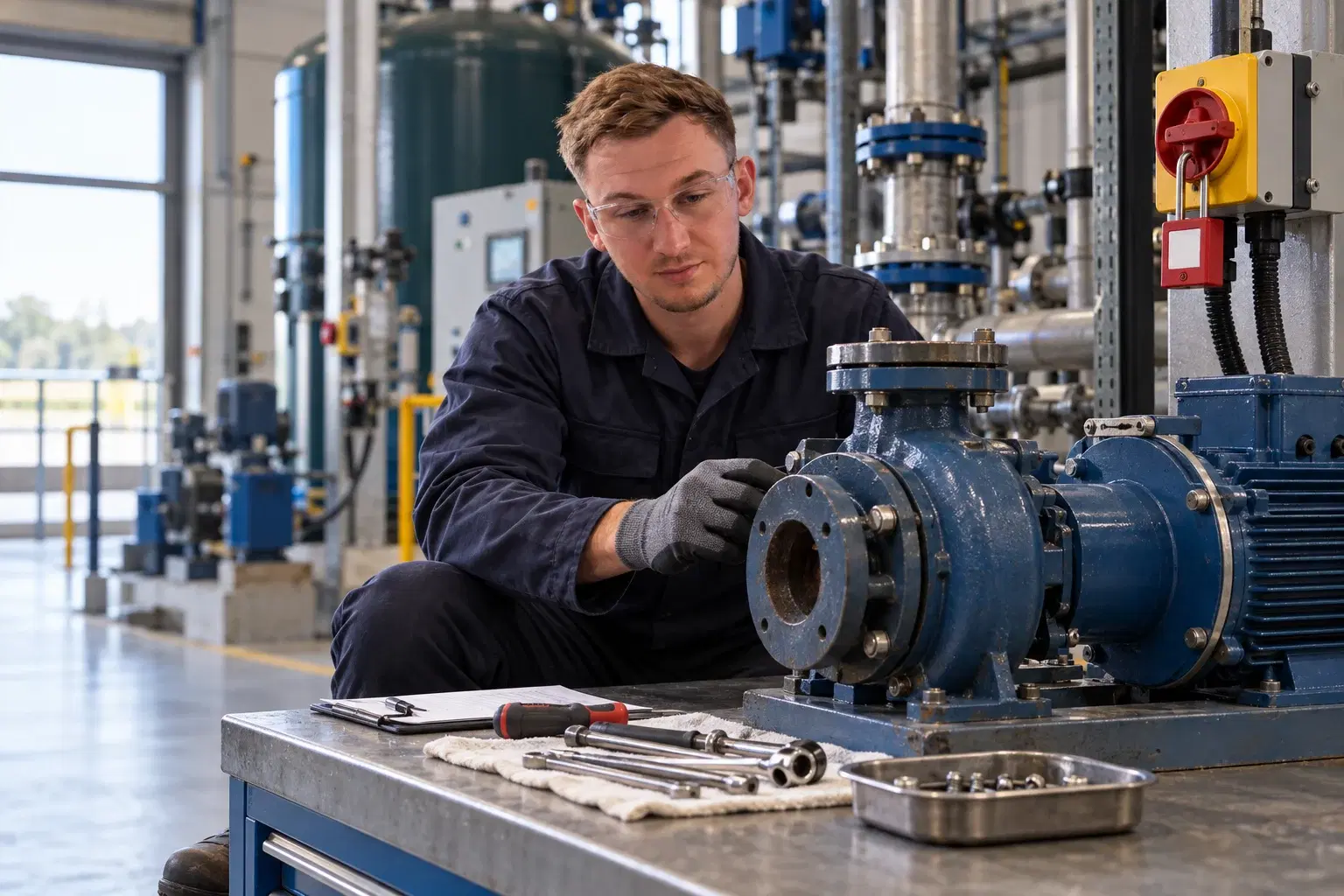 Engineer inspecting an isolated pump at a workshop bench