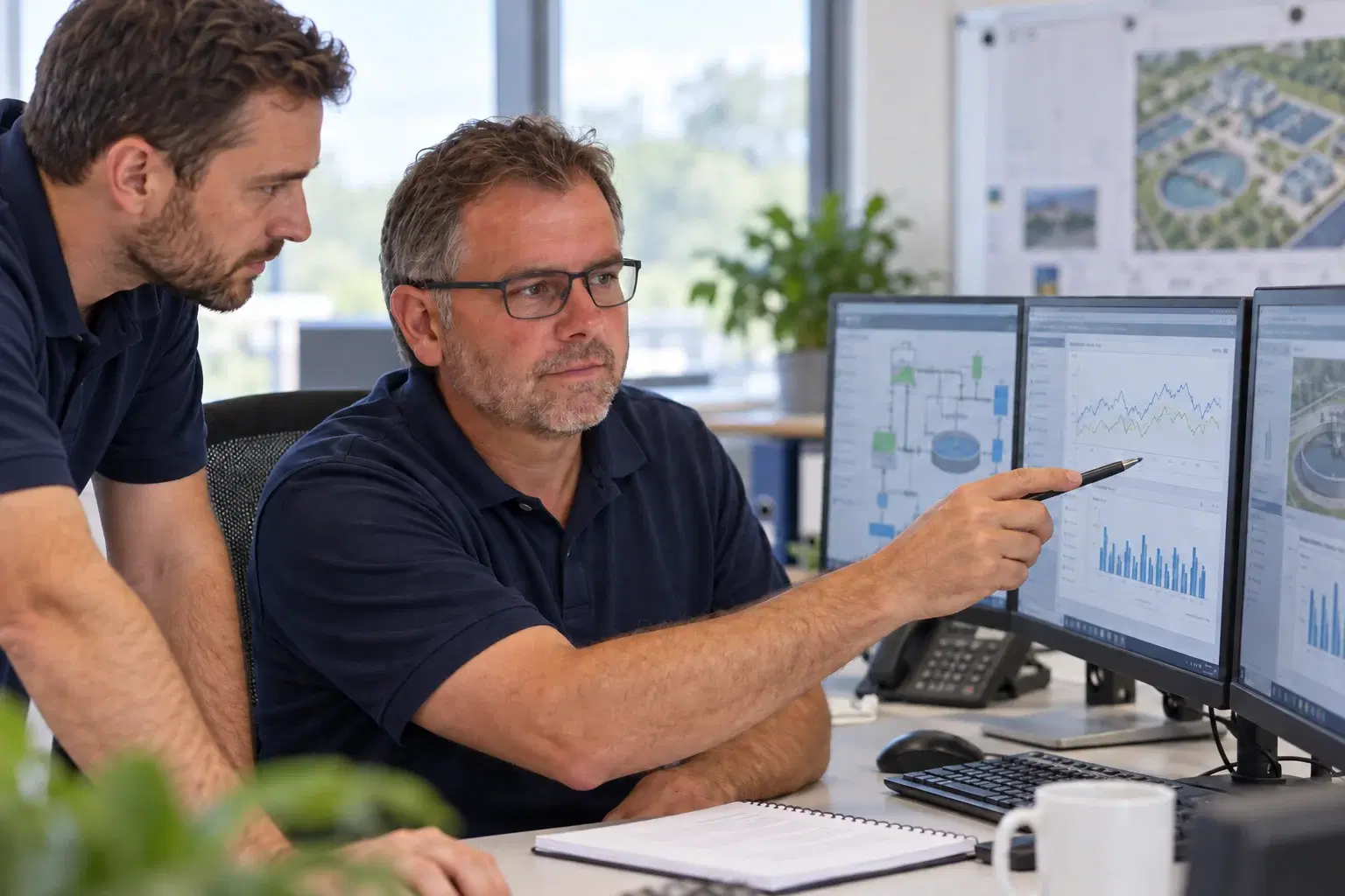 Engineer reviewing plant monitoring screens in an operations office