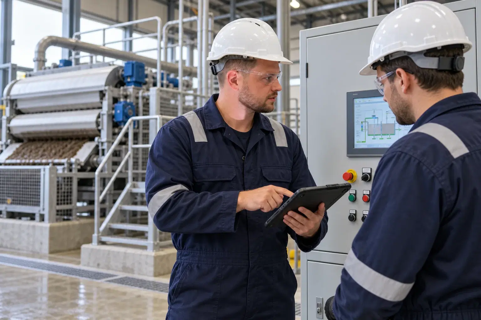 Engineers discussing commissioning beside a dewatering installation