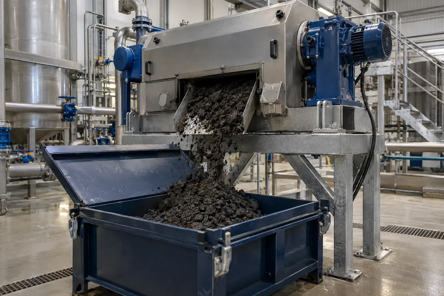 Contained dewatered sludge discharged into a collection bin