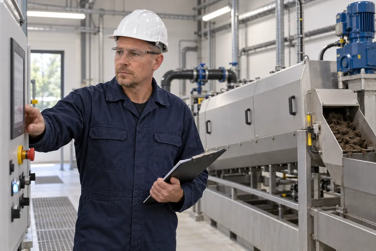 Engineer checking the console beside an enclosed sludge dewatering press