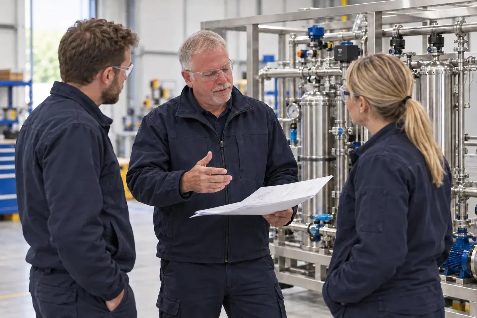 Engineer briefing colleagues beside a completed treatment skid